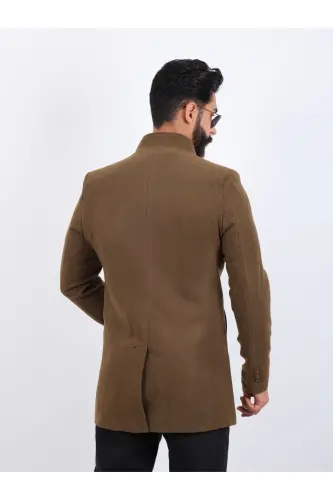 Erkek Kahverengi Slim Fit Dik Yaka Kaşe Kaban - KAHVERENGİ - 3