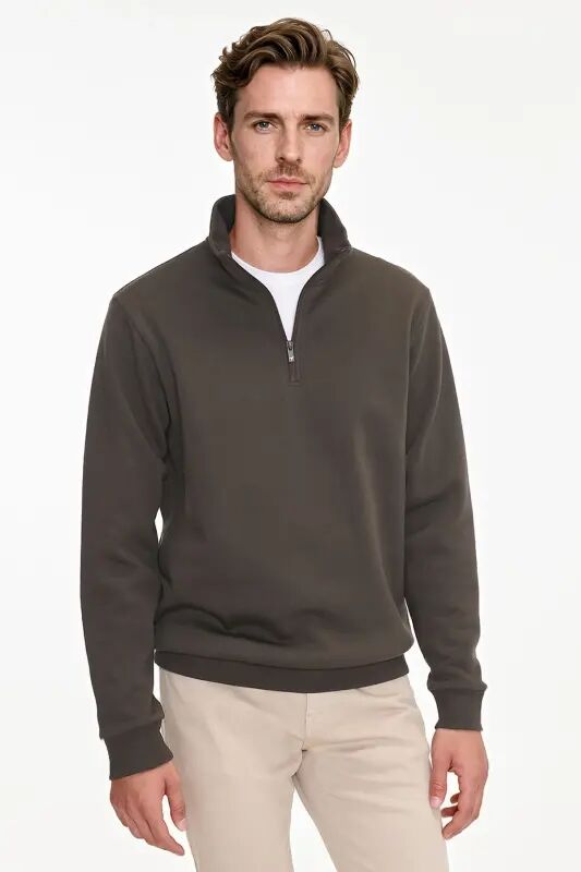 Erkek Kahverengi Standart Fit Normal Kesim İçi Polarlı Bato Yaka Pamuklu Sweatshirt - Kahverengi - AC&Co / Altınyıldız Classics