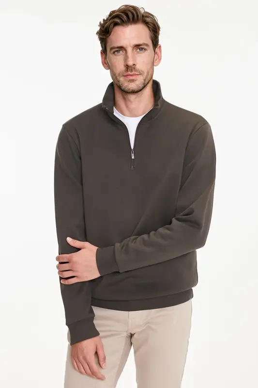 Erkek Kahverengi Standart Fit Normal Kesim İçi Polarlı Bato Yaka Pamuklu Sweatshirt - Kahverengi - 3