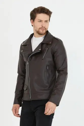 Erkek Kahverengi Yeni Sezon Çapraz Fermuarlı Deri Ceket Mont-KahveRengi - 1