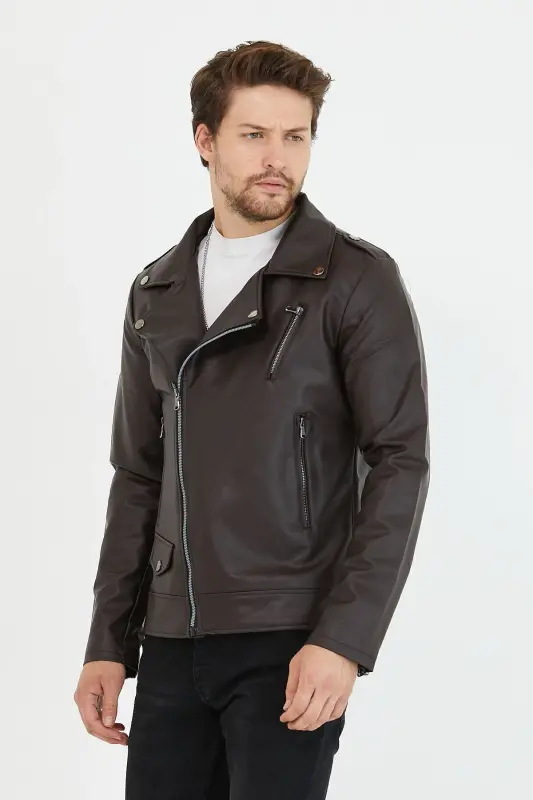 Erkek Kahverengi Yeni Sezon Çapraz Fermuarlı Deri Ceket Mont-KahveRengi - MERO LIFE