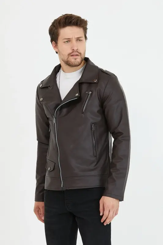 Erkek Kahverengi Yeni Sezon Çapraz Fermuarlı Deri Ceket Mont-KahveRengi - 2