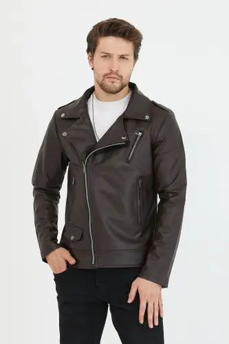 Erkek Kahverengi Yeni Sezon Çapraz Fermuarlı Deri Ceket Mont-KahveRengi - 4