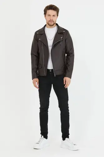 Erkek Kahverengi Yeni Sezon Çapraz Fermuarlı Deri Ceket Mont-KahveRengi - 5