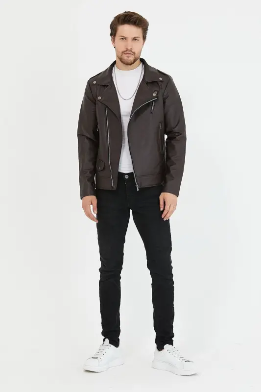 Erkek Kahverengi Yeni Sezon Çapraz Fermuarlı Deri Ceket Mont-KahveRengi - 5