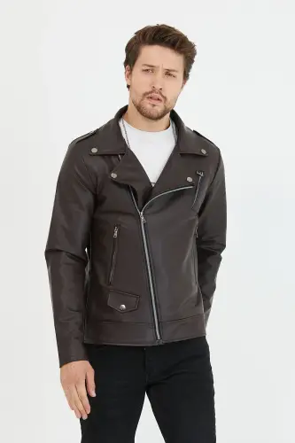 Erkek Kahverengi Yeni Sezon Çapraz Fermuarlı Deri Ceket Mont-KahveRengi - 6