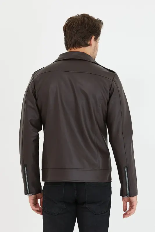 Erkek Kahverengi Yeni Sezon Çapraz Fermuarlı Deri Ceket Mont-KahveRengi - 7