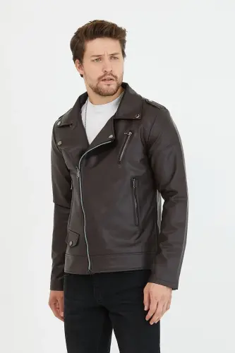 Erkek Kahverengi Yeni Sezon Çapraz Fermuarlı Deri Ceket Mont-KahveRengi - MERO LIFE (1)