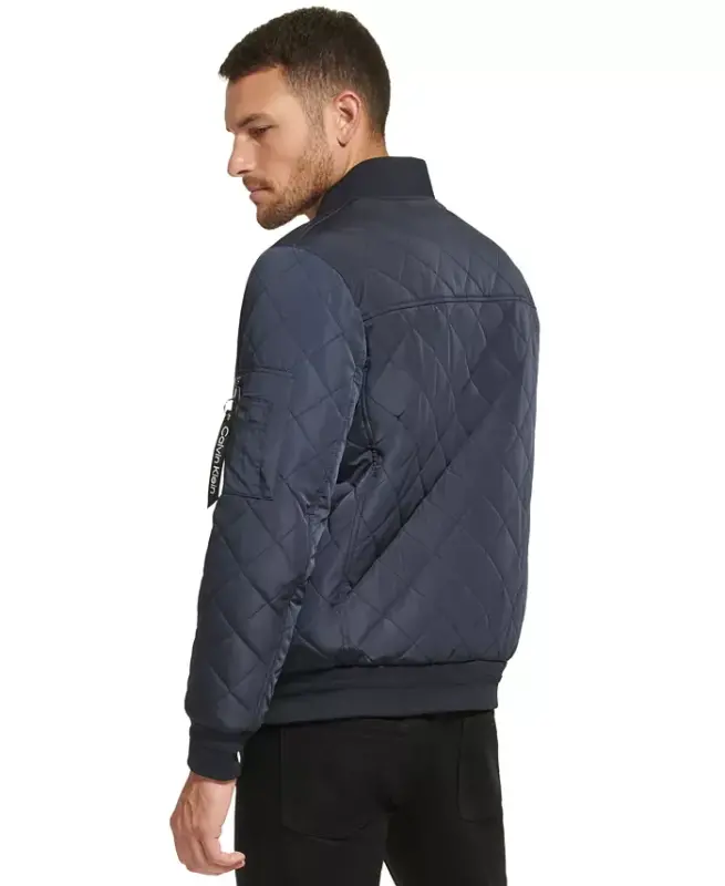 Men's Quilted Baseball Jacket with Rib-Knit Trim - True Navy - 2