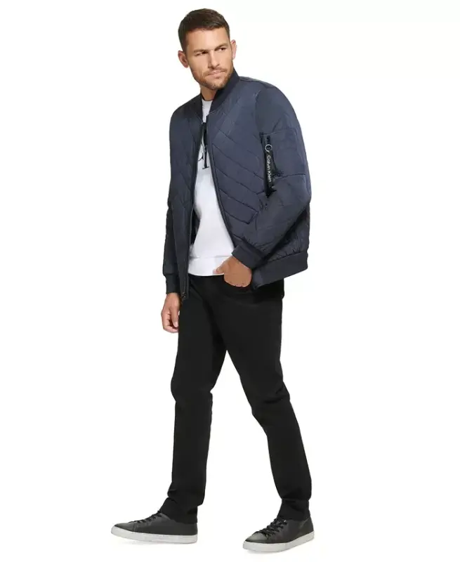 Men's Quilted Baseball Jacket with Rib-Knit Trim - True Navy - 4