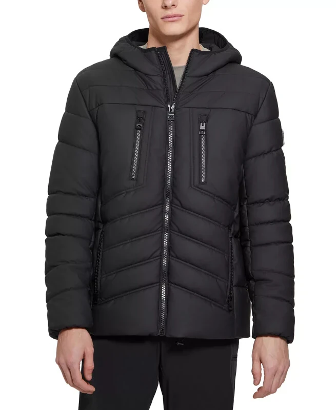 Men's Quilted Faux Leather Hooded Jacket-Jet Black - GUESS