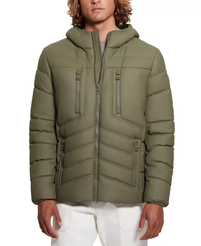 Men's Quilted Faux Leather Hooded Jacket-Olive Morning - GUESS