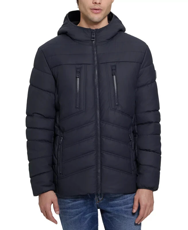 Men's Quilted Faux Leather Hooded Jacket-Navy Sea - GUESS