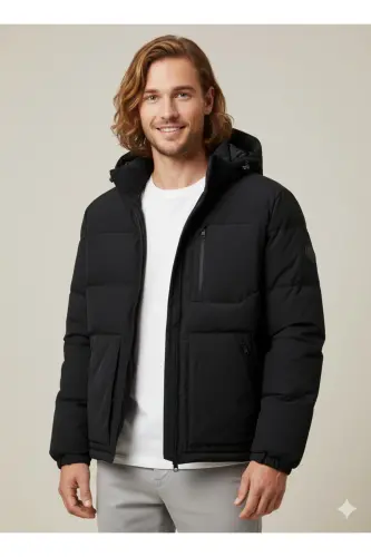 Erkek Kapüsonlu Fermuarli Puffer Mont - Otto - Black 