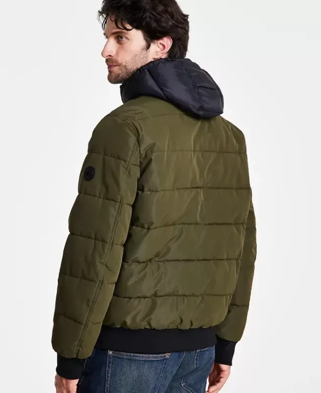 Men's Hooded Puffer Bomber Jacket - Olive - 2