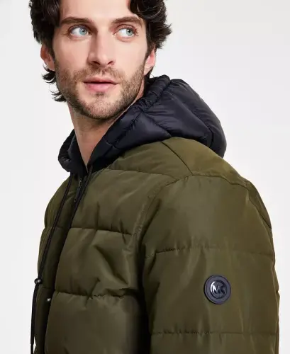 Men's Hooded Puffer Bomber Jacket - Olive - 3