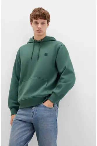 065809 Logo Nakışlı Erkek Kapüşonlu Sweatshirt YEŞİL - ORMAN YEŞİLİ - 1
