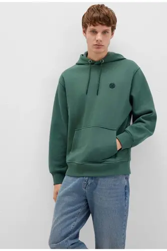 065809 Logo Nakışlı Erkek Kapüşonlu Sweatshirt YEŞİL - ORMAN YEŞİLİ - 2