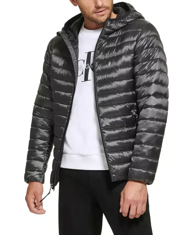 Men's Hooded & Quilted Packable Jacket-Granite Iridescent - CALVIN KLEIN