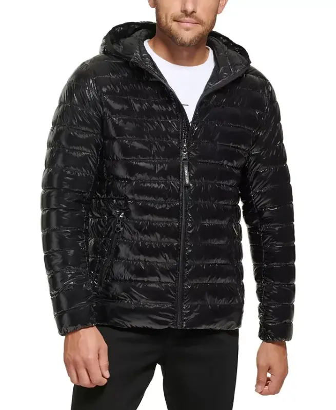 Men's Hooded & Quilted Packable Jacket-Shiny Black - 1