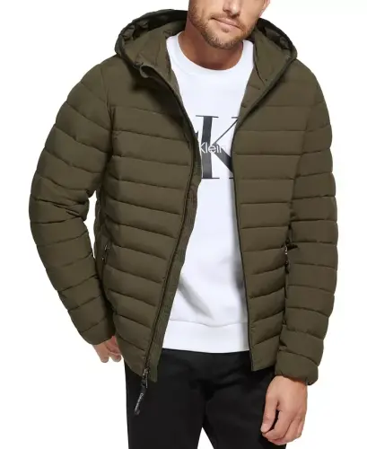Men's Hooded & Quilted Packable Jacket - Olive - 3
