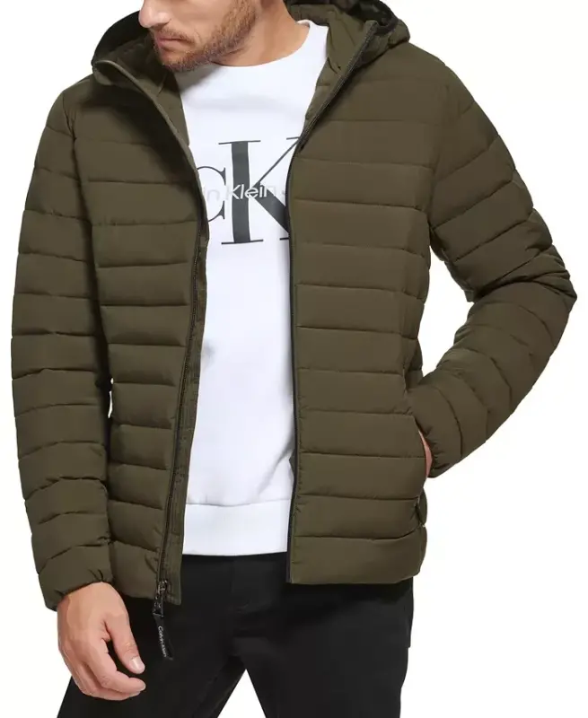 Men's Hooded & Quilted Packable Jacket - Olive - 4