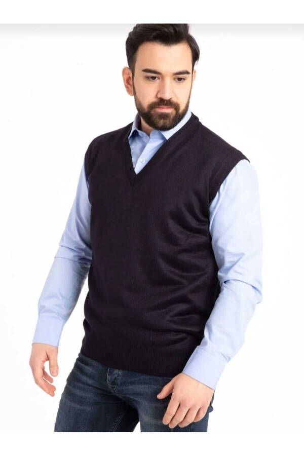 Erkek kareli desenli v yaka ince triko süveter - LACİVERT - 2