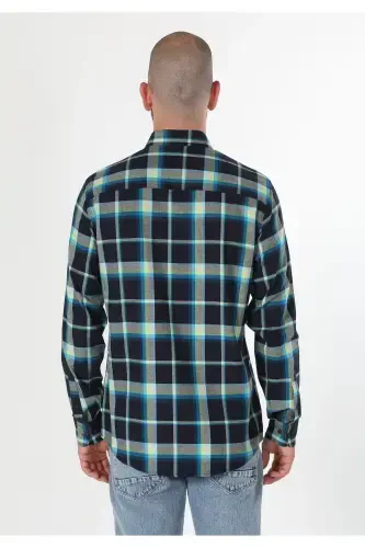 Regular Fit Shirt Neck Ekoseli Erkek Lacivert Uzun Kol Gömlek - 3