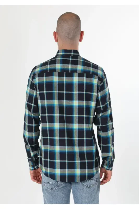 Regular Fit Shirt Neck Ekoseli Erkek Lacivert Uzun Kol Gömlek - 3