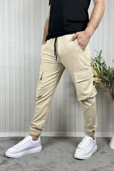 Erkek Kargo Cep Krem Rengi Jogger Pantolon - 1