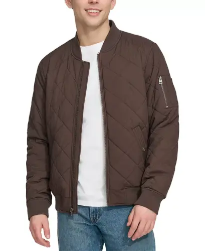 Men's Quilted Fashion Bomber Jacket - Chocolate Brown - 1