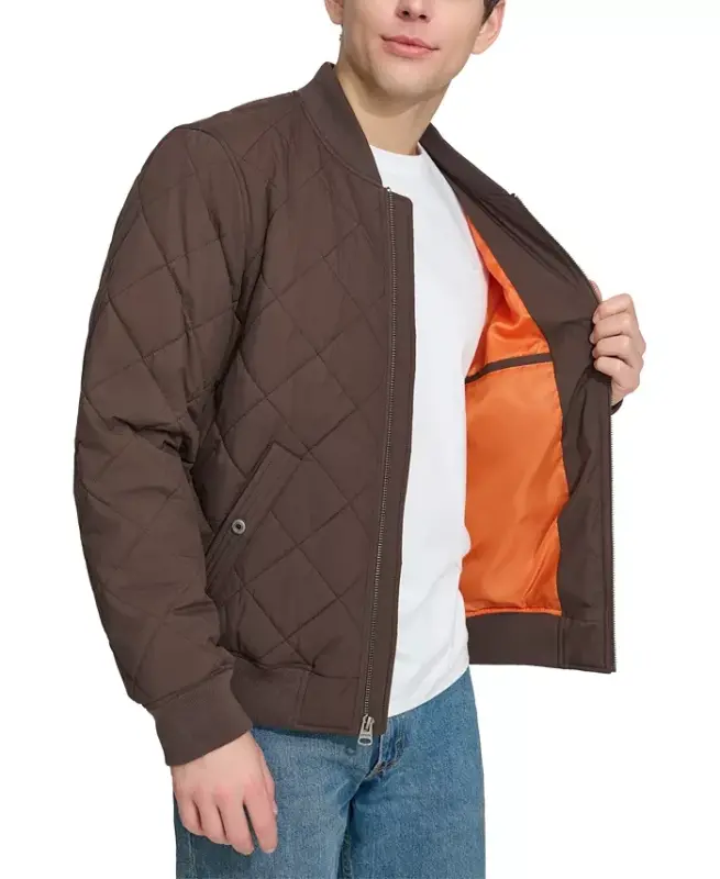 Men's Quilted Fashion Bomber Jacket - Chocolate Brown - 4