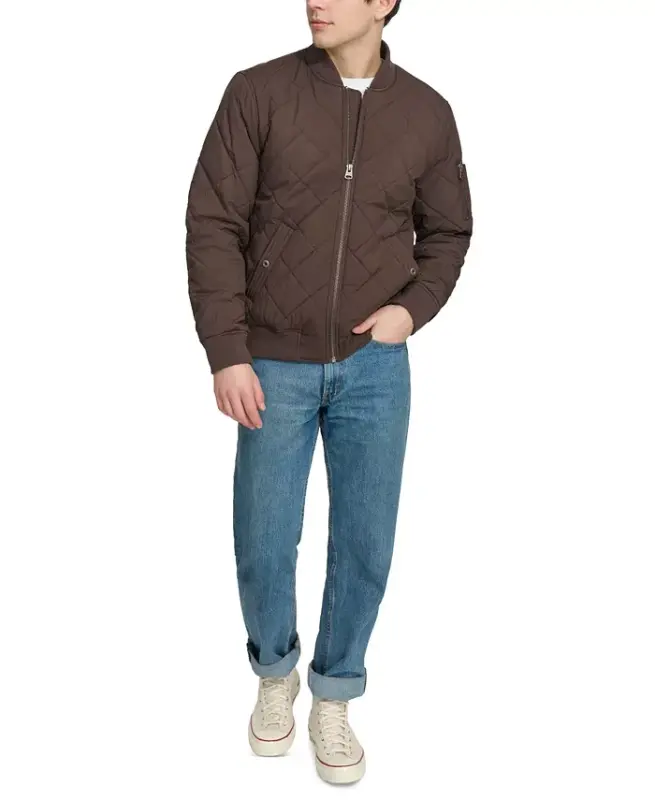 Men's Quilted Fashion Bomber Jacket - Chocolate Brown - 7
