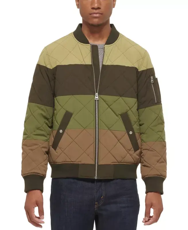 Men's Quilted Fashion Bomber Jacket - Olive/brown Combo - 1