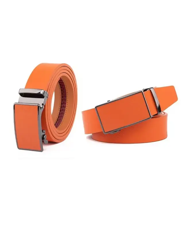 Men's Sliding Buckle Adjustable Leather Ratchet Belt-Orange - 3