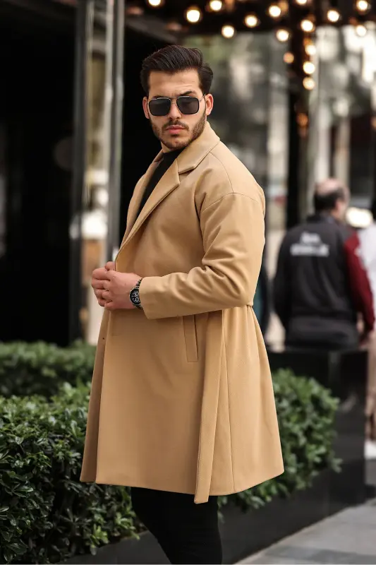 Erkek Kemerli Oversize Rahat Kesim Kaşe Kaban - vizyon - 4