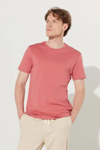 Erkek Kiremit Slim Fit Dar Kesim %100 Pamuk Bisiklet Yaka Basic Tişört - Kiremit 