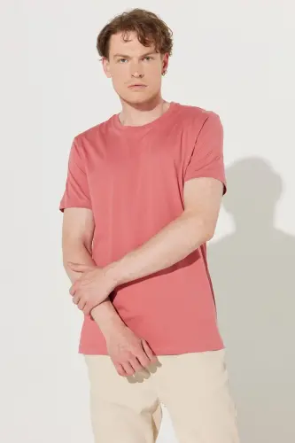 Erkek Kiremit Slim Fit Dar Kesim %100 Pamuk Bisiklet Yaka Basic Tişört - Kiremit - 3