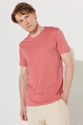 Erkek Kiremit Slim Fit Dar Kesim %100 Pamuk Bisiklet Yaka Basic Tişört - Kiremit - 4