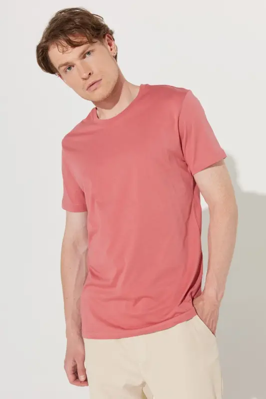 Erkek Kiremit Slim Fit Dar Kesim %100 Pamuk Bisiklet Yaka Basic Tişört - Kiremit - 4