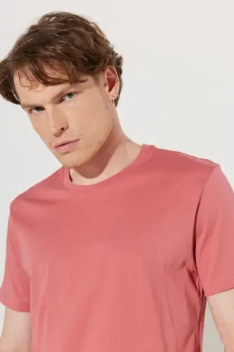 Erkek Kiremit Slim Fit Dar Kesim %100 Pamuk Bisiklet Yaka Basic Tişört - Kiremit - 5