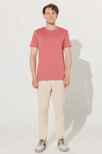 Erkek Kiremit Slim Fit Dar Kesim %100 Pamuk Bisiklet Yaka Basic Tişört - Kiremit - 6