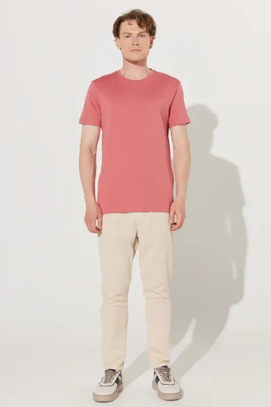 Erkek Kiremit Slim Fit Dar Kesim %100 Pamuk Bisiklet Yaka Basic Tişört - Kiremit - 6