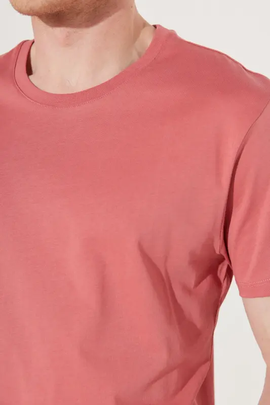 Erkek Kiremit Slim Fit Dar Kesim %100 Pamuk Bisiklet Yaka Basic Tişört - Kiremit - 7