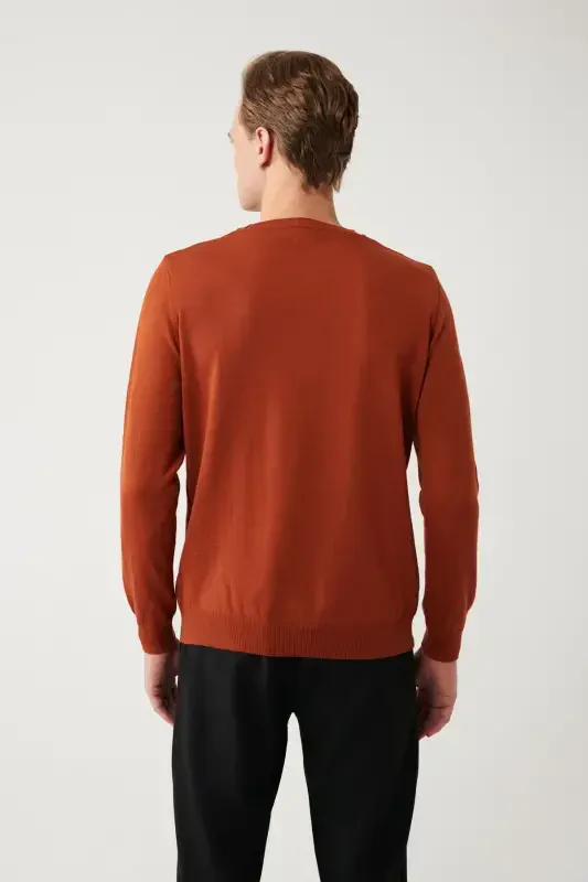 Erkek Kiremit Bisiklet Yaka Yün Karışımlı Triko Regular Fit Kazak B005013-Kiremit - 4