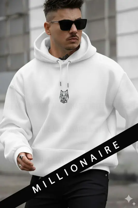 Erkek Kırık Beyaz Alpha Wolf Kapüşonlu Oversize 3 iplik Şardonlu Salaş Bol Kesim Hoodie Sweatshirt-Beyaz - MILLIONAIRE