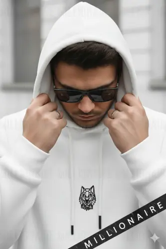 Erkek Kırık Beyaz Alpha Wolf Kapüşonlu Oversize 3 iplik Şardonlu Salaş Bol Kesim Hoodie Sweatshirt-Beyaz - MILLIONAIRE (1)