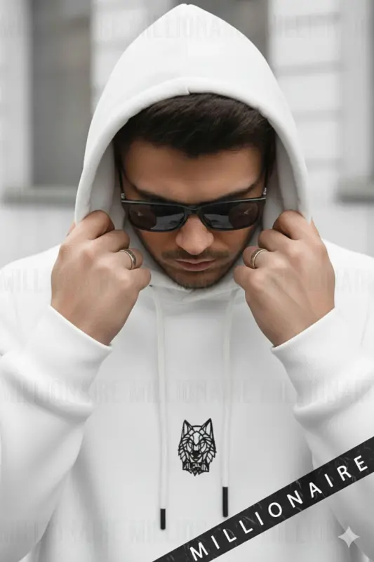 Erkek Kırık Beyaz Alpha Wolf Kapüşonlu Oversize 3 iplik Şardonlu Salaş Bol Kesim Hoodie Sweatshirt-Beyaz - 2