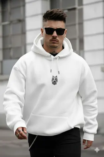 Erkek Kırık Beyaz Alpha Wolf Kapüşonlu Oversize 3 iplik Şardonlu Salaş Bol Kesim Hoodie Sweatshirt-Beyaz - 3