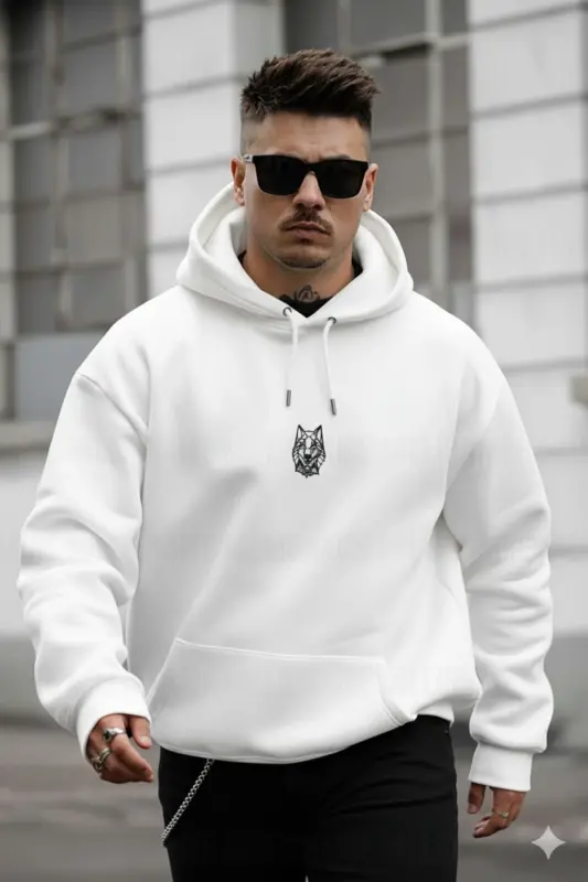 Erkek Kırık Beyaz Alpha Wolf Kapüşonlu Oversize 3 iplik Şardonlu Salaş Bol Kesim Hoodie Sweatshirt - Beyaz-ALP - 3